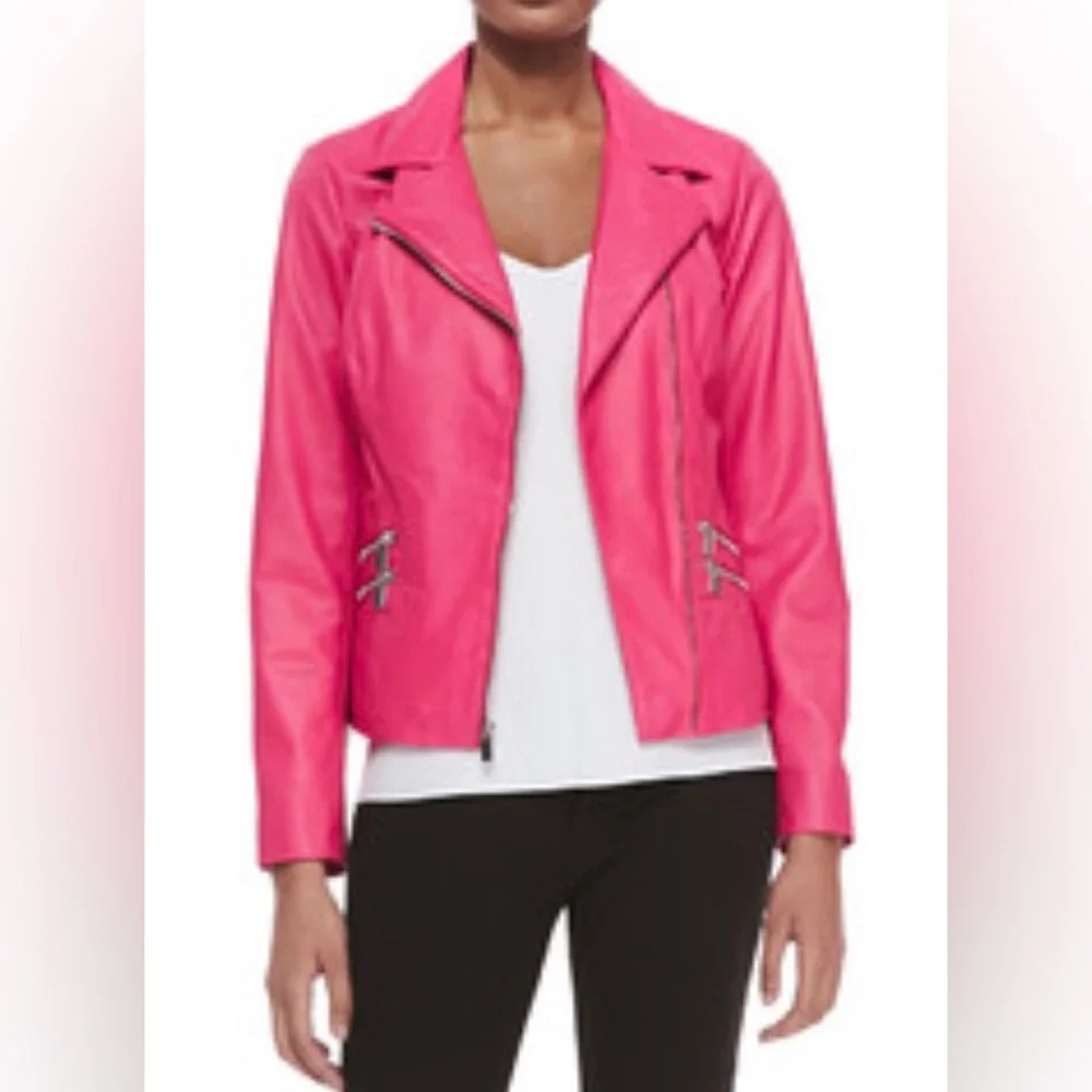 Neiman Marcus Pink Leather Jacket with Double Zipper Detail - Picture 1 of 7